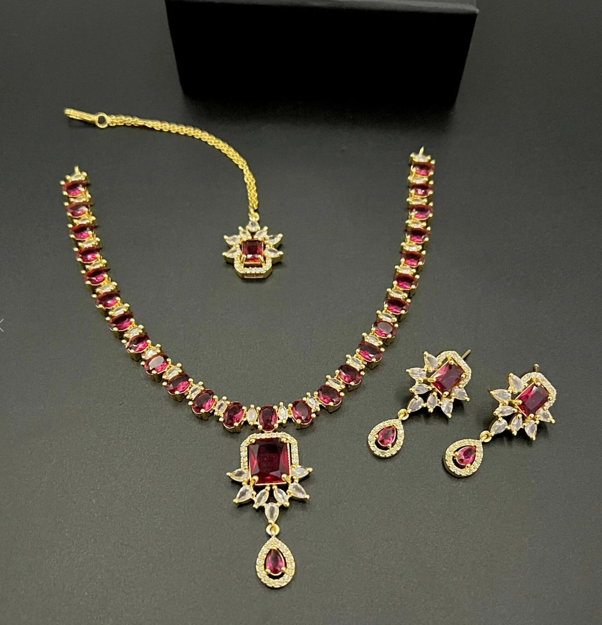 American Diamond  gold plated Necklace set with maang tikka - LadiesKurtasuae 