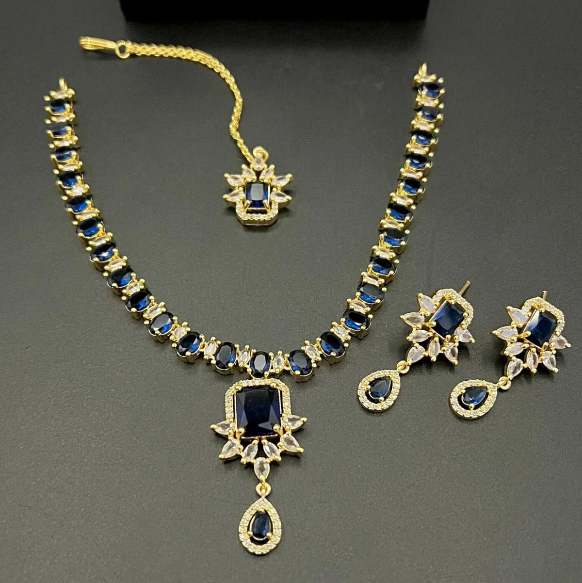 American Diamond  gold plated Necklace set with maang tikka - LadiesKurtasuae 