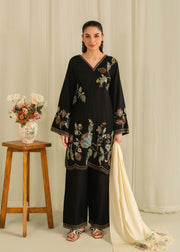 Women's Bottle Green Linen Suit - Embroidered 3pc Winter Eastern Wear