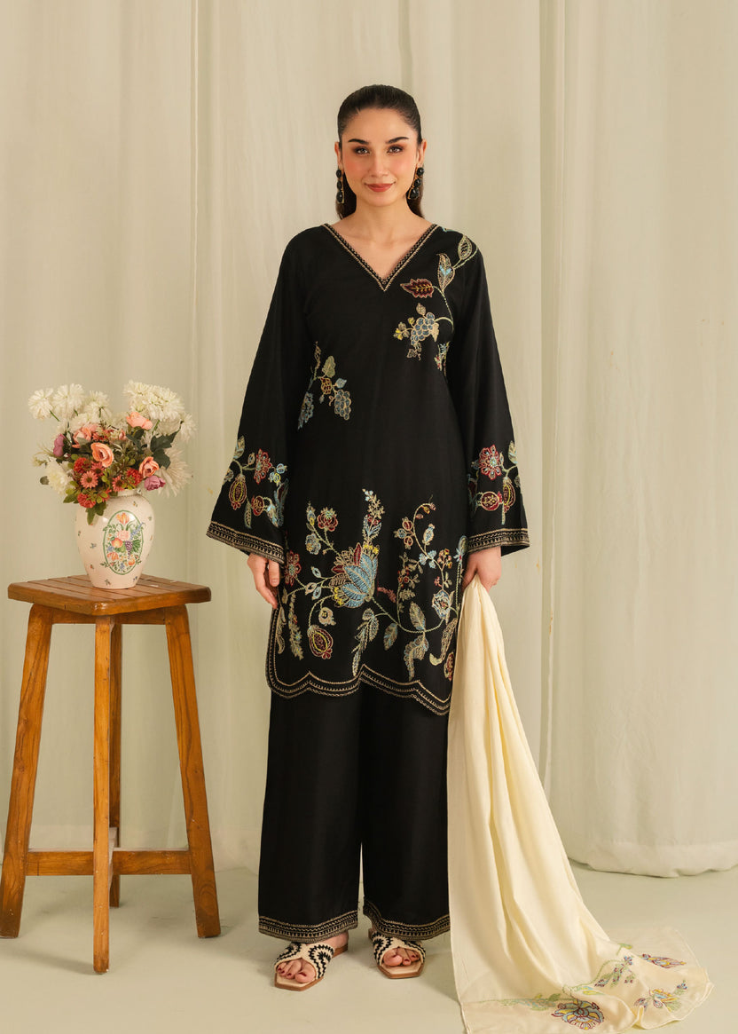 Women's Bottle Green Linen Suit - Embroidered 3pc Winter Eastern Wear