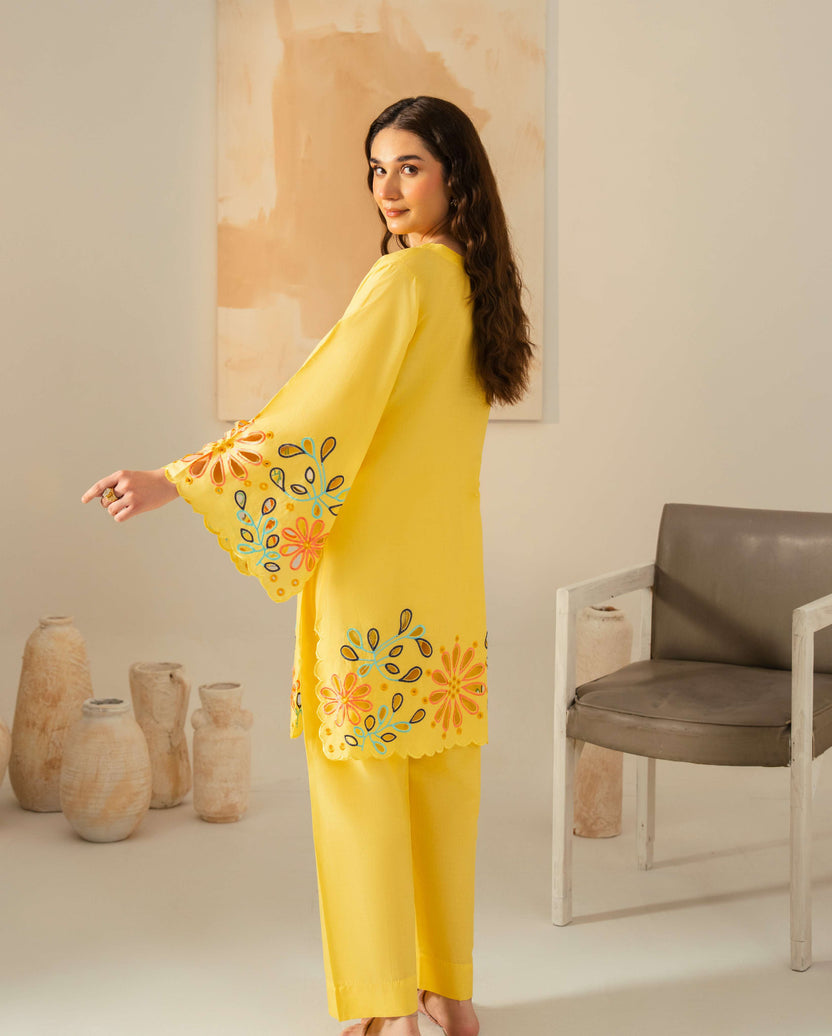 Vibrant Yellow Linen 2-Piece Set | Embroidered stitched Collection