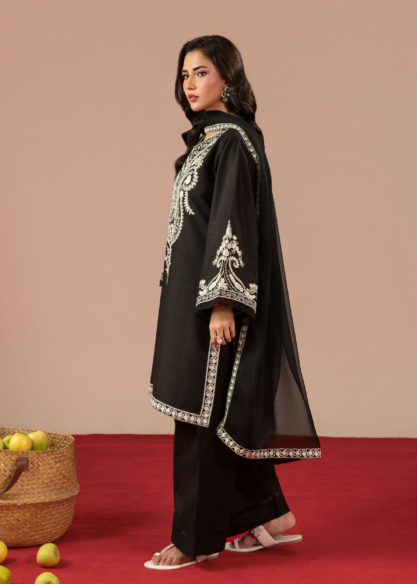 Women's Black Embroidered Linen Suit | Ready-to-Wear Winter Kurta Set