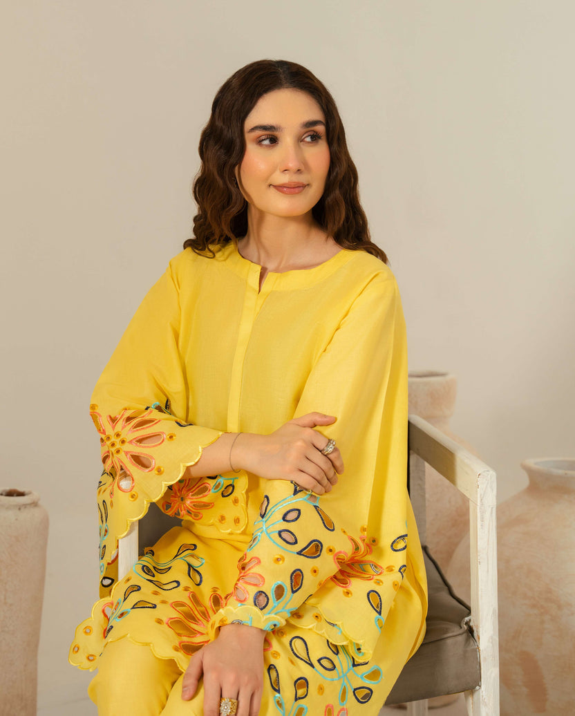 Vibrant Yellow Linen 2-Piece Set | Embroidered stitched Collection